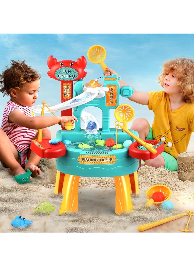 30 PCS Toddler Water Table with  Electric slide fishing platform Automatic Water Circulation System, Mini Water Play Table with Floating Pool Toys & Fishing Game, Interactive Bath Toys for Kids Toddlers Birthday Gift Presents