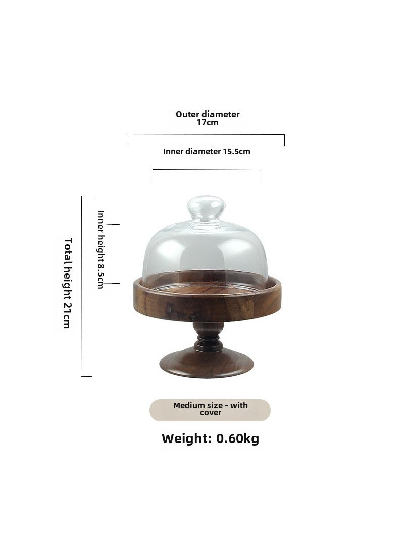 Wooden Cake Tray Glass Dome Dessert Stand Medium cake pan + glass lid