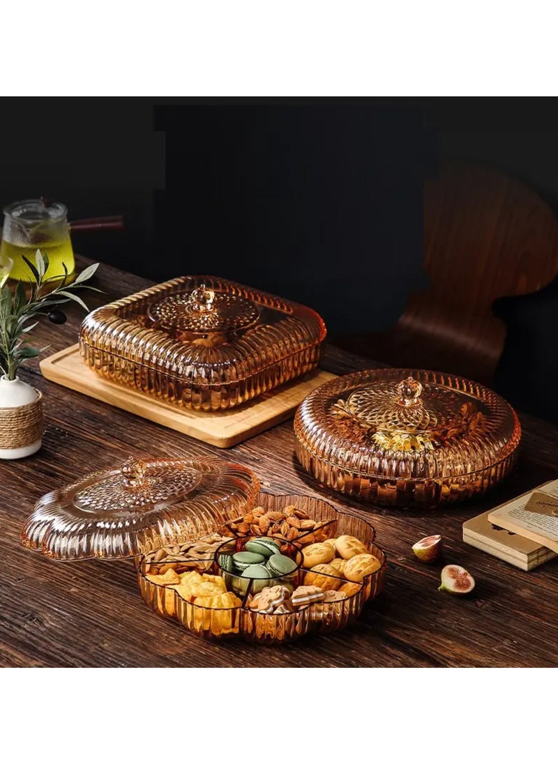 Square Snack Serving Tray with Lid - Divided Serving Dishes Round Appetizer Platter - Removable Dried Fruit Organizer Plate for Candy Crackers Chips for Parties.