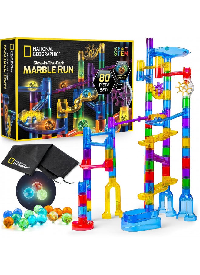 NATIONAL GEOGRAPHIC Glowing Marble Run 80 Piece Construction Set with 15 Glow in the Dark Glass Marbles & Storage Bag, STEM Gifts for Boys and Girls, Building Project Toy (Amazon Exclusive)