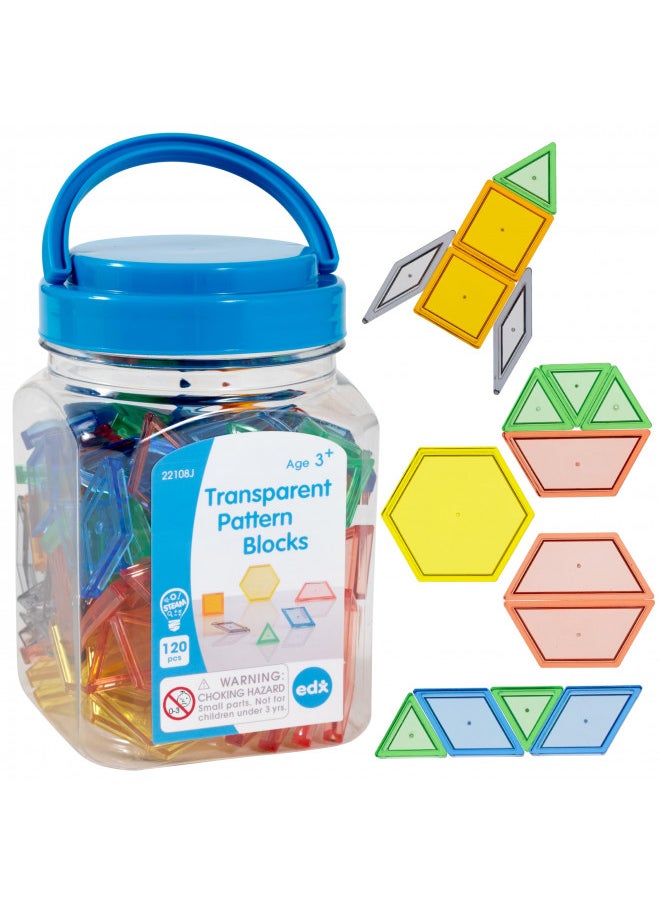 edxeducation Transparent Pattern Blocks - Mini Jar Set of 120 - Plastic Pattern Blocks - Practice Sorting, Patterns, Measurement and Fractions - Sensory Play - Math Manipulative for Kids