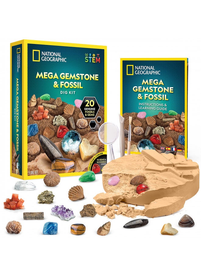 NATIONAL GEOGRAPHIC Mega Fossil and Gemstone Dig Kit - Excavate 20 Real Fossils and Gems, Science Kit for Kids, Rock Digging Excavation Kit, Geology Gifts for Boys and Girls (Amazon Exclusive)