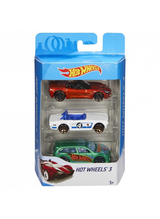 Hot Wheels 3 Car Pack, Multipack of 3 Hot Wheels Vehicles, Instant Starter Set, Collection of 1:64 Scale Toy Sports Cars, Rolling Wheels, For Kids 3 Years & Up