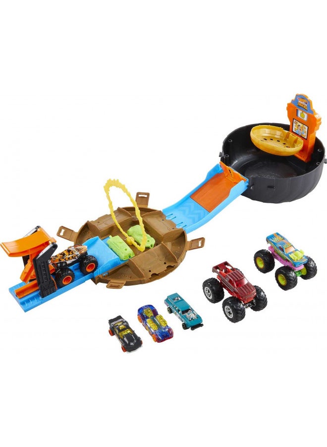 Hot Wheels Monster Trucks Stunt Tire Playset with 3 Toy Monster Trucks & 4 Toy Cars in 1:64 Scale