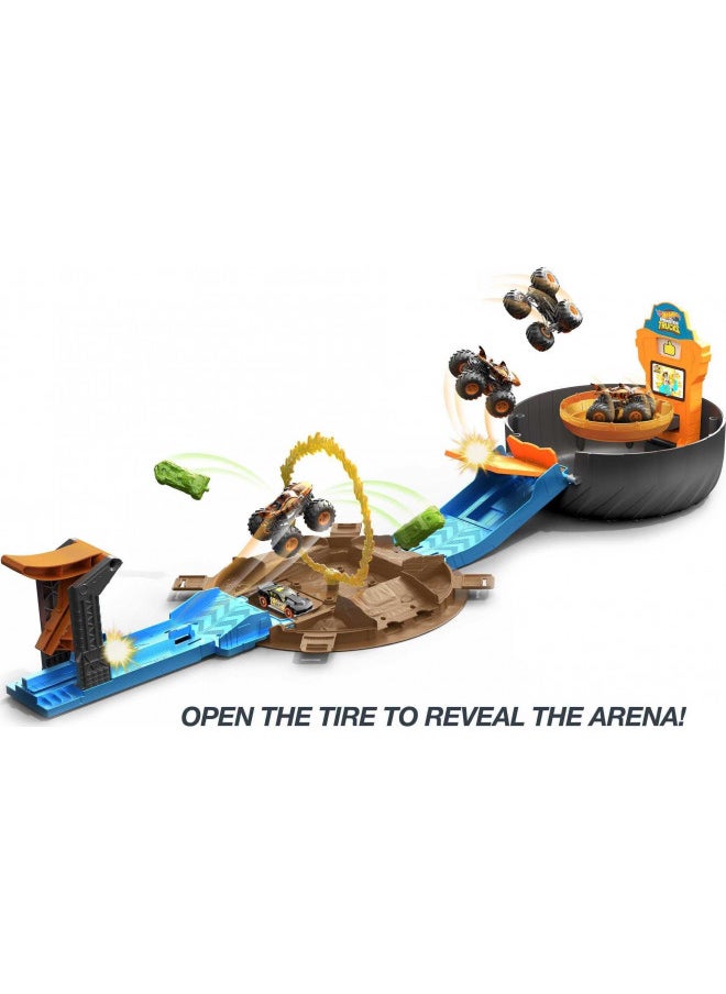 Hot Wheels Monster Trucks Stunt Tire Playset with 3 Toy Monster Trucks & 4 Toy Cars in 1:64 Scale