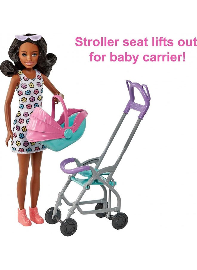 Barbie Skipper Babysitters Inc Playset with Brunette Doll, Stroller, Baby Doll & 5 Accessories, Remove Stroller Seat for Carrier