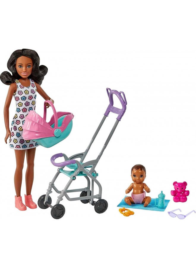 Barbie Skipper Babysitters Inc Playset with Brunette Doll, Stroller, Baby Doll & 5 Accessories, Remove Stroller Seat for Carrier