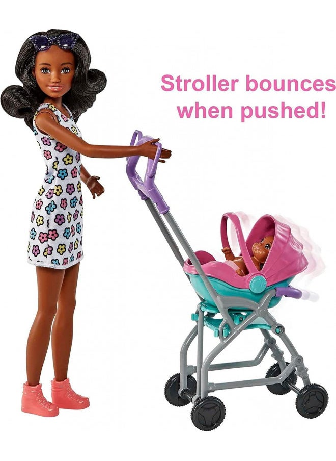 Barbie Skipper Babysitters Inc Playset with Brunette Doll, Stroller, Baby Doll & 5 Accessories, Remove Stroller Seat for Carrier