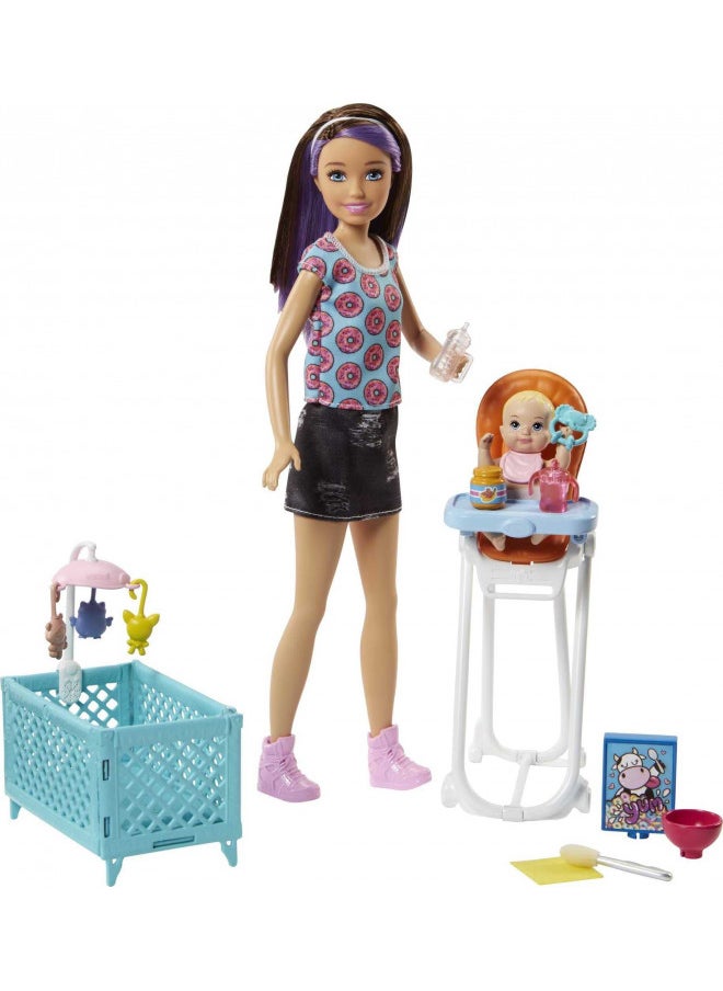 Barbie Skipper Babysitters Inc Dolls & Accessories, Set with Skipper Doll, Color-Change Baby Doll, High Chair & Crib