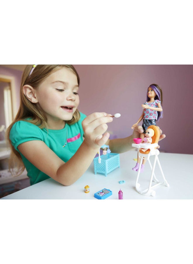 Barbie Skipper Babysitters Inc Dolls & Accessories, Set with Skipper Doll, Color-Change Baby Doll, High Chair & Crib