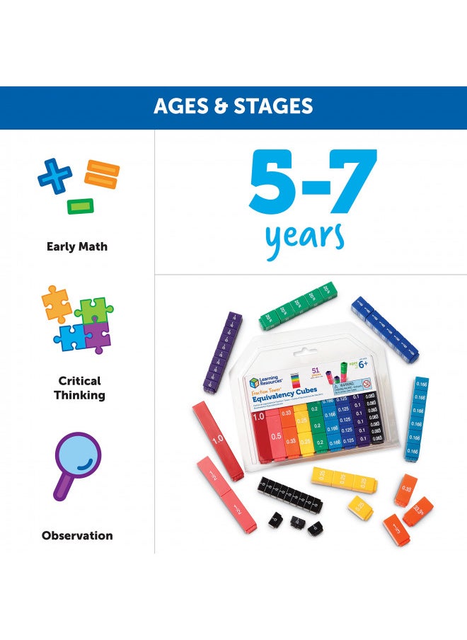 Learning Resources Fraction Tower Equivalency Cubes - 51 Pieces, Ages 6+ Math Learning Toys for Kids, Math Classroom and Homeschool Accessories, Fractions Learning for Kids