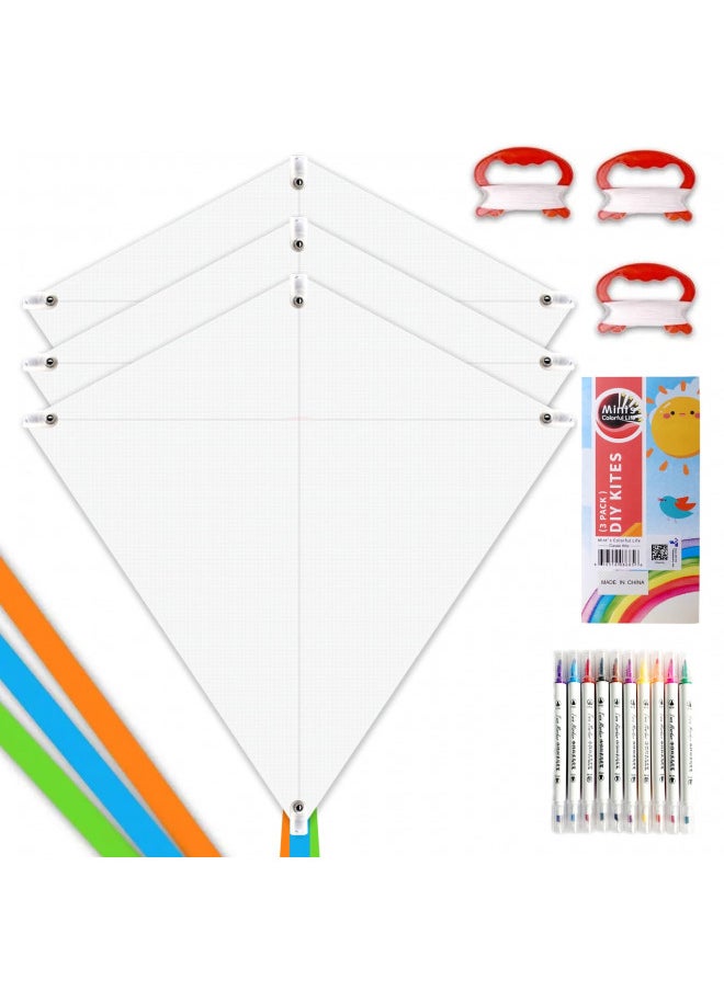 Mint's Colorful Life DIY Kites for Kids Kite Making Kit Bulk, Decorating Coloring Kite Party Pack,White Diamond Kite Kits (3 Pack)