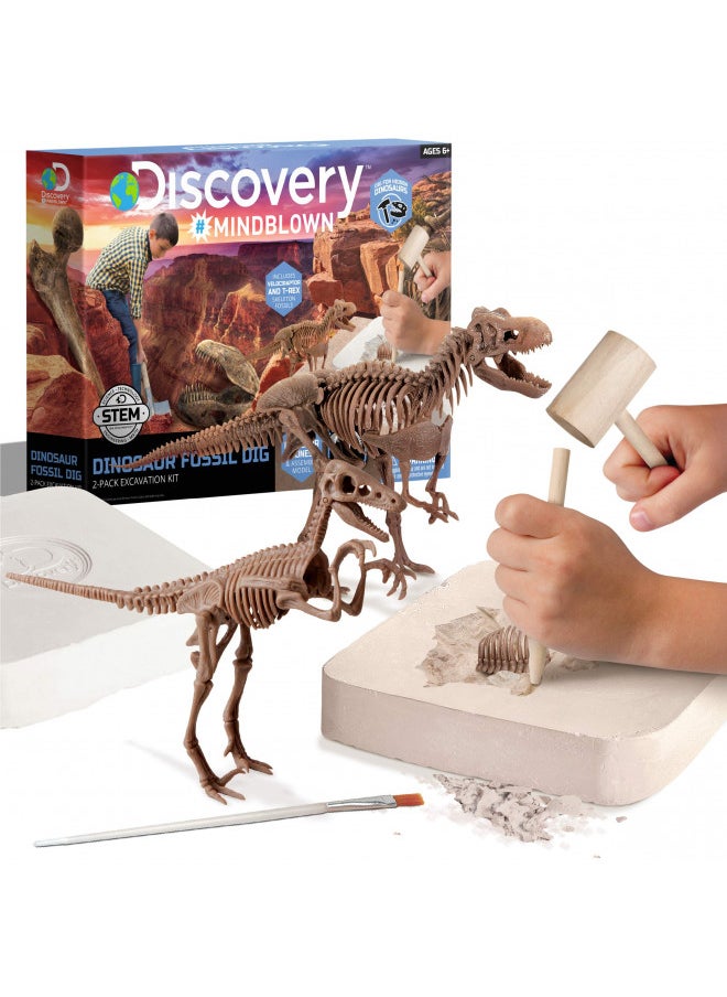 Discovery #MINDBLOWN Dinosaur Fossil Dig Excavation Kit, 15-Piece T-Rex & 10-Piece Velociraptor, 3D Skeleton Puzzle Display Models, Includes Tools & Safety Glasses, Jurassic Dino Toy for Kids