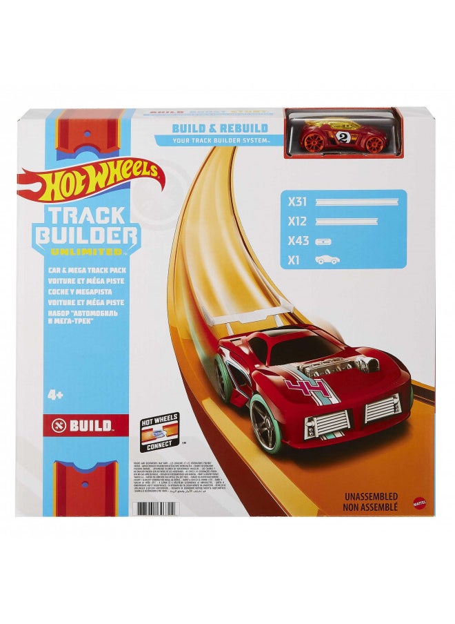 Hot Wheels Track Builder Car & MEGA Track Pack, 87 Component Parts for 40-Ft of Track & 1:64 Scale Toy Car [Amazon Exclusive]