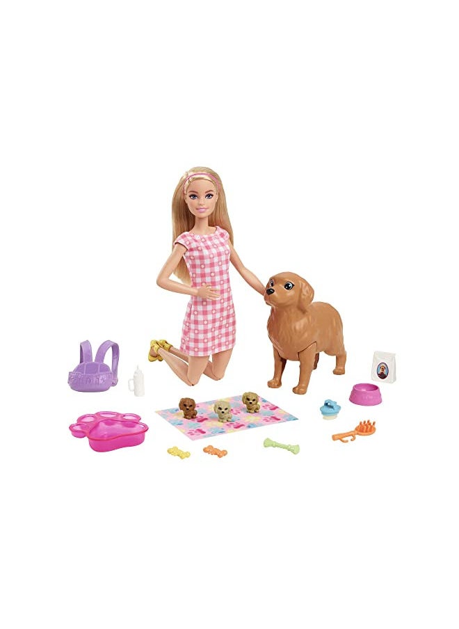 Barbie Doll and Pets, Blonde Doll with Mommy Dog, 3 Newborn Puppies with Color-Change Feature and Pet Accessories