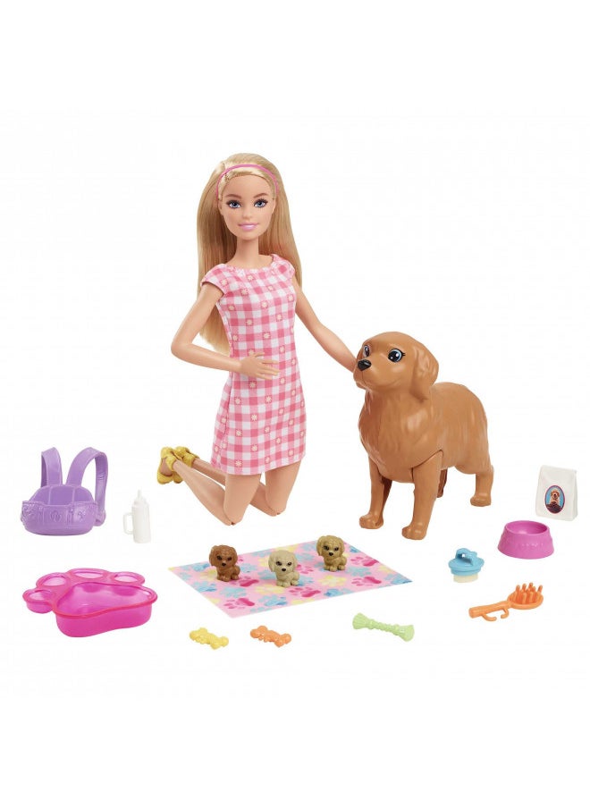 Barbie Doll and Pets, Blonde Doll with Mommy Dog, 3 Newborn Puppies with Color-Change Feature and Pet Accessories