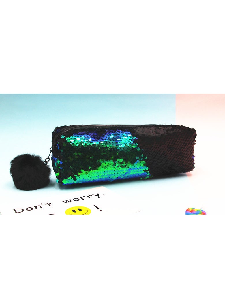 1 x 5 pcs Sequin Mermaid Pencil Case Glitter Double Color Green + matt black