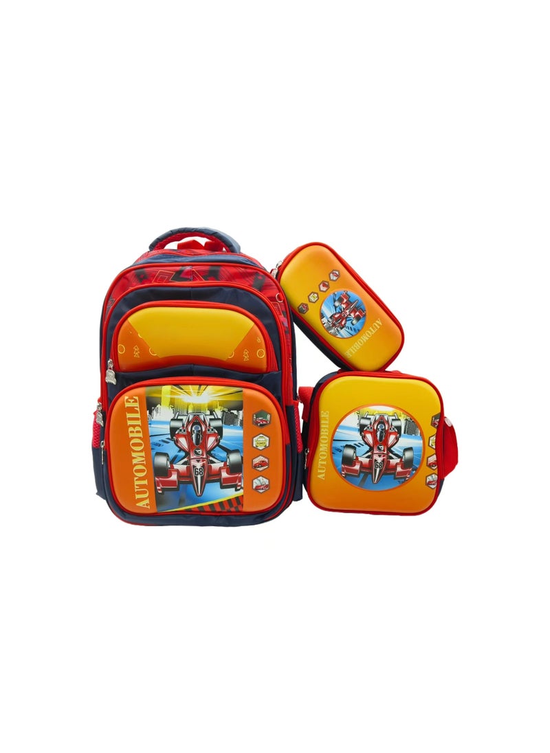 Kids Cartoon Backpack With Pencil Case Little Red Car-Scarlet Blue with Red