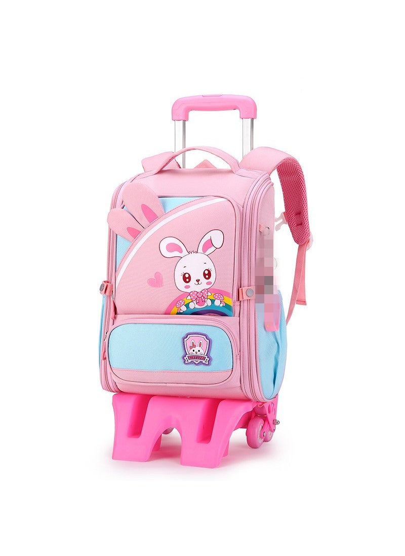 New Cute Cartoon Trolley Schoolbag Large Capacity 2-5 Grades Detachable Pink Tall 6 Wheels