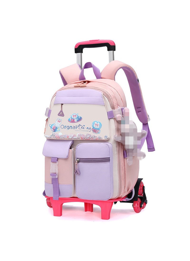 Girls Large Capacity Trolley School Bag for Grades 2-6 Pink 6 rounds