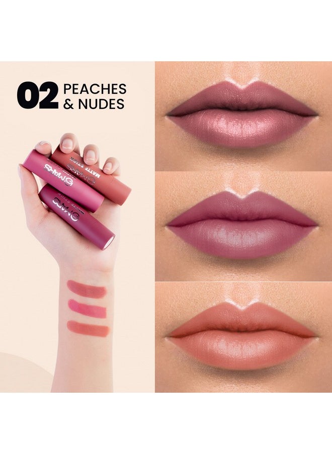 Matte Box Set Of 3 Lipsticks For Women | Long-Lasting | Smooth Finish | Moisturising | One Swipe Pigmentation (3X3.2 Gm) (02-Peaches & Nudes)