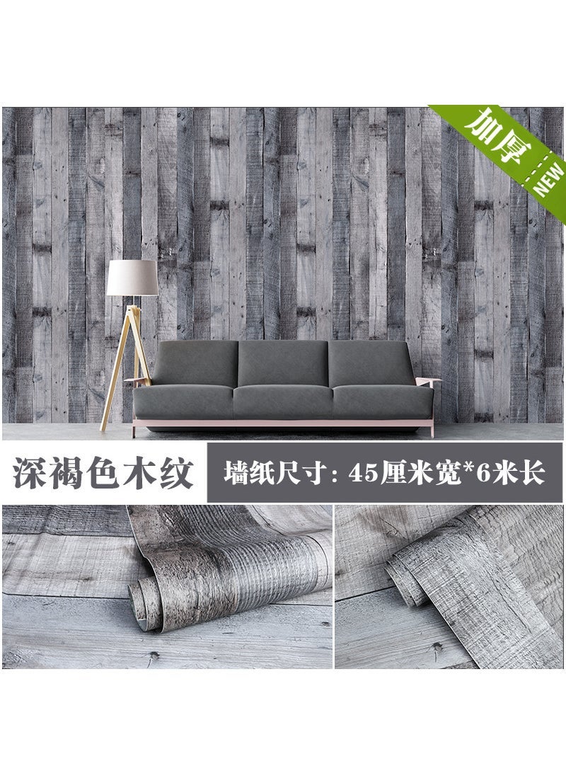 Cross-border thickened retro wood grain self-adhesive wallpaper simulation wood wall decoration stickers 3D wallpapaer Dark brown wood grain 92059-2 (thickened)