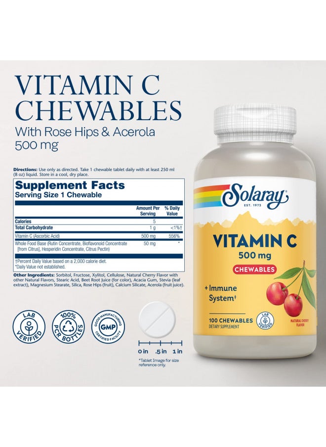 SOLARAY Chewable Vitamin C 500 mg, Natural Cherry Flavor with Natural Sweeteners, Antioxidant and Immune Support Supplement with Whole Food Base, 60-Day Guarantee, 100 Servings, 100 Chewables