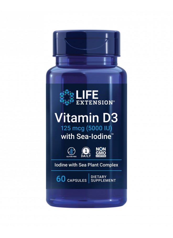 Life Extension Vitamin D3 125 mcg (5000 IU) with Sea-Iodine - For Bone, Immune Support & Inflammation Management - Thyroid & Adrenal Supplement Gluten-Free, Non-GMO 60 Capsules