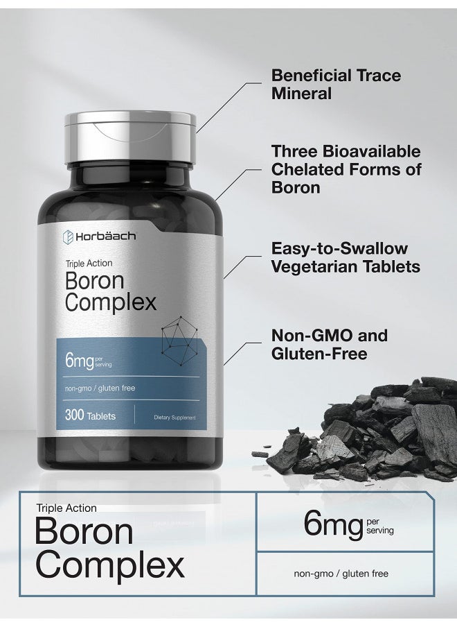 Triple Boron Complex 6 mg Supplement | 300 Tablets | Vegetarian, Non-GMO & Gluten Free | Triple Action Boron Citrate, Boron Glycinate, Boron Asparate | by Horbaach