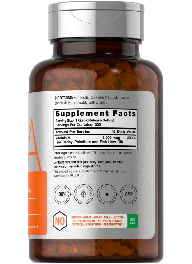 Vitamin A 10000 IU Softgels | 300 Count | Non-GMO, Gluten Free Supplement | by Horbaach