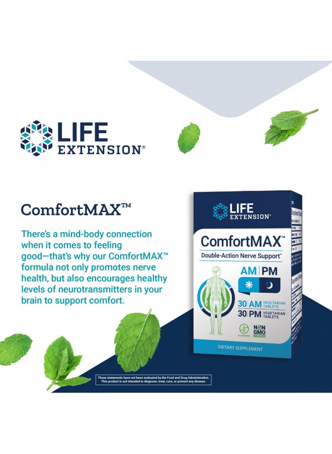 Life Extension Comfort MAX Honokiol and Pea Supplement for Inflammation Management, Nerve Support and Discomfort Relief Gluten-Free, Non-GMO, Vegetarian - 30 AM and 30 PM Tablets