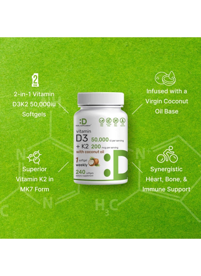 DEAL SUPPLEMENT Vitamin D3 50,000 IU + K2 MK7 200 mcg,240 Softgels | Virgin Coconut Oil, Max Strength Vitamin D & K, Promotes Heart, Bone, & Teeth Health One Softgel Weekly, Easy to Swallow