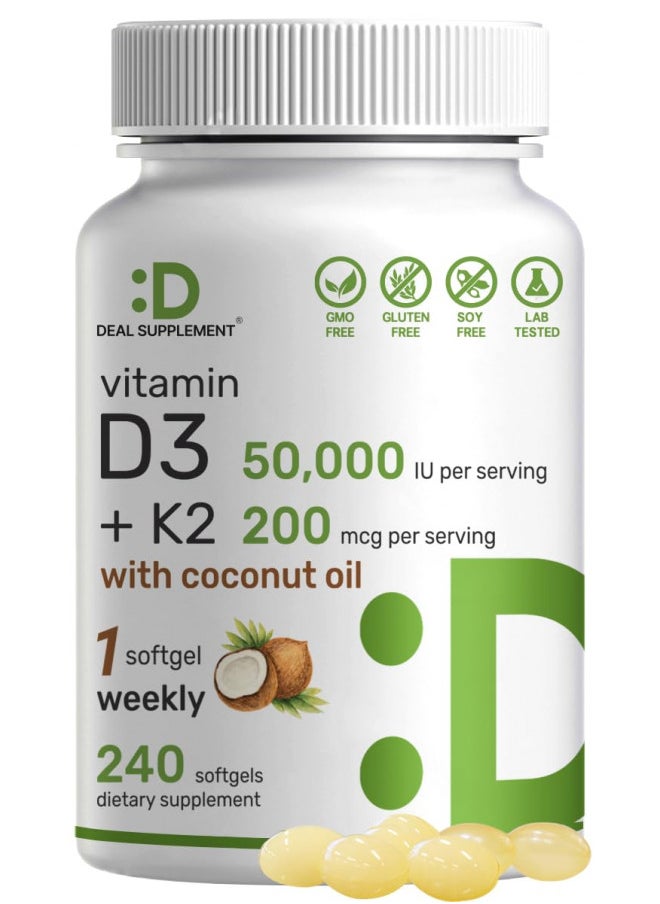 DEAL SUPPLEMENT Vitamin D3 50,000 IU + K2 MK7 200 mcg,240 Softgels | Virgin Coconut Oil, Max Strength Vitamin D & K, Promotes Heart, Bone, & Teeth Health One Softgel Weekly, Easy to Swallow