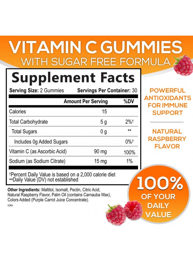 Sugar Free Vitamin C Gummies - Immune Support & Antioxidant Vitamin Dietary Supplement - Vegan, Non-GMO, Dairy & Gluten Free C Gummy Vitamins - Raspberry Flavor for Kids & Adults - 60 Count Gummies