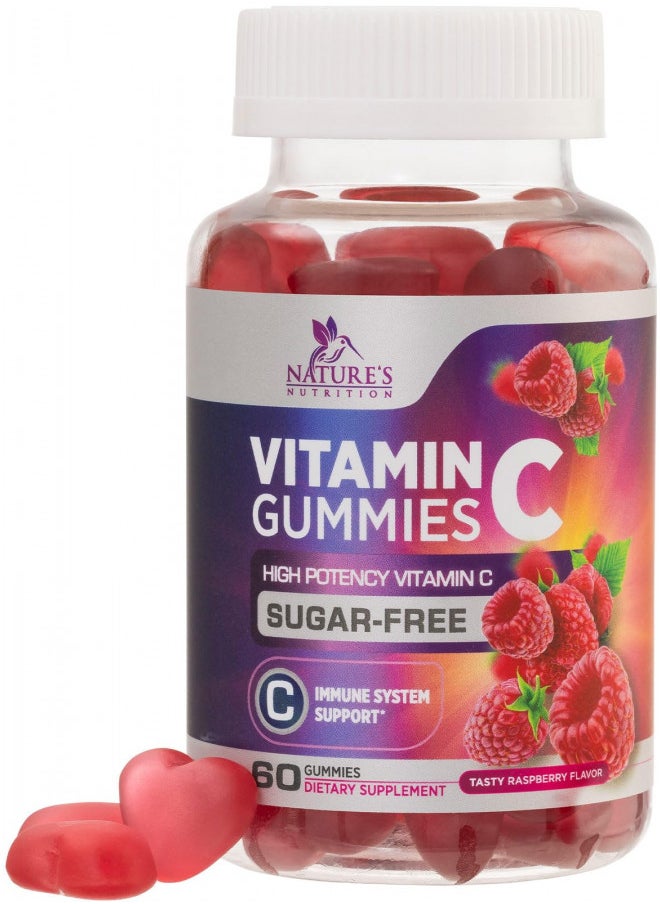 Sugar Free Vitamin C Gummies - Immune Support & Antioxidant Vitamin Dietary Supplement - Vegan, Non-GMO, Dairy & Gluten Free C Gummy Vitamins - Raspberry Flavor for Kids & Adults - 60 Count Gummies