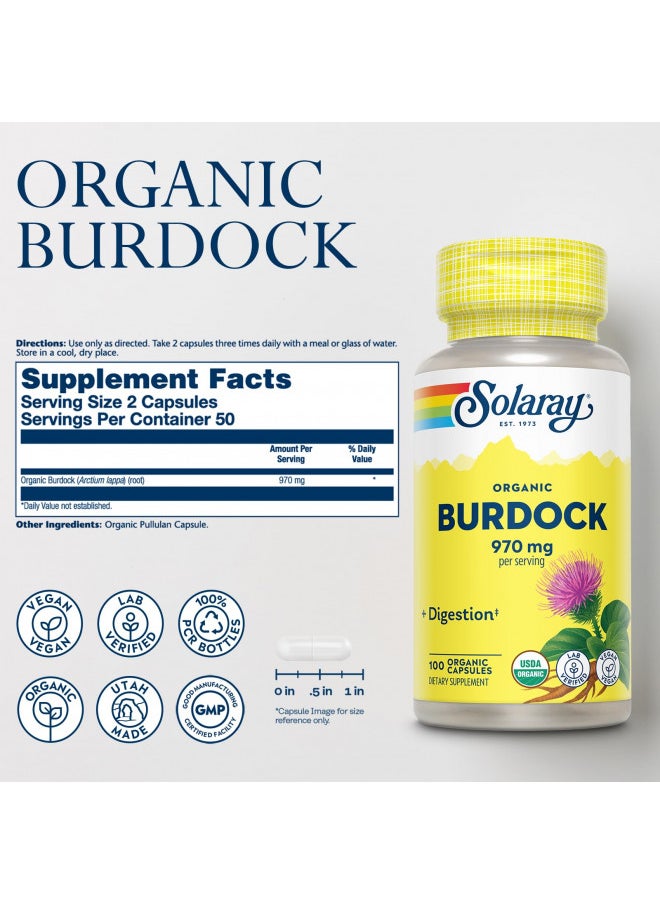 Solaray Organic Burdock Root 970 mg - Digestive Support Supplement - USDA Burdock Root Organic - Vegan, Lab Verified, 60-Day Money-Back Guarantee - 50 Servings, 100 Organic Capsules