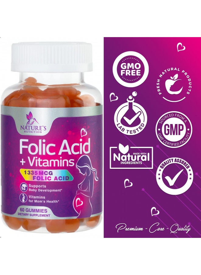 Folic Acid Prenatal Multivitamin Gummies, Prenatal Vitamins for Women with Folate, Vitamin C, D3, B6, B9 & B12 for During & Post Pregnancy - Nature's Non-GMO & Gluten-Free Supplement - 60 Gummies