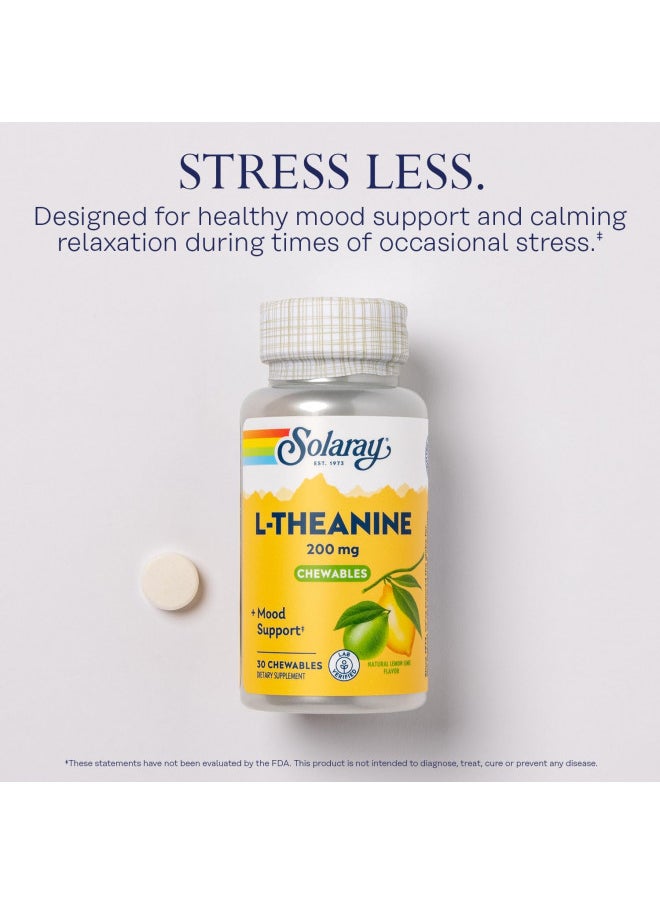 SOLARAY L Theanine 200mg, Healthy Mood Support and Focus Supplement with Vitamin B-6, Sugar Free Natural Lemon Lime Flavor, Lab Verified, 60-Day Guarantee, 30 Servings, 30 L Theanine Chewables