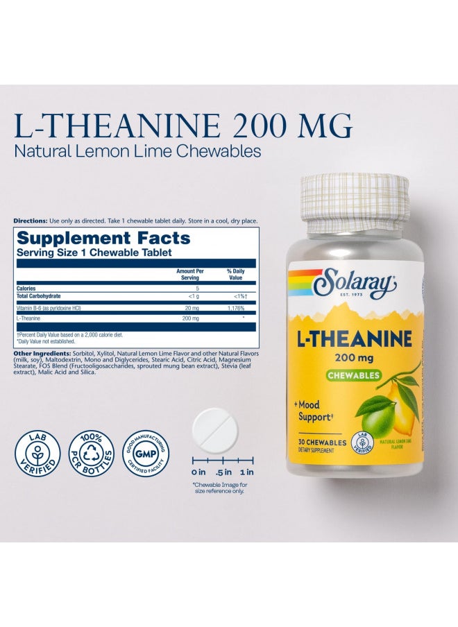 SOLARAY L Theanine 200mg, Healthy Mood Support and Focus Supplement with Vitamin B-6, Sugar Free Natural Lemon Lime Flavor, Lab Verified, 60-Day Guarantee, 30 Servings, 30 L Theanine Chewables