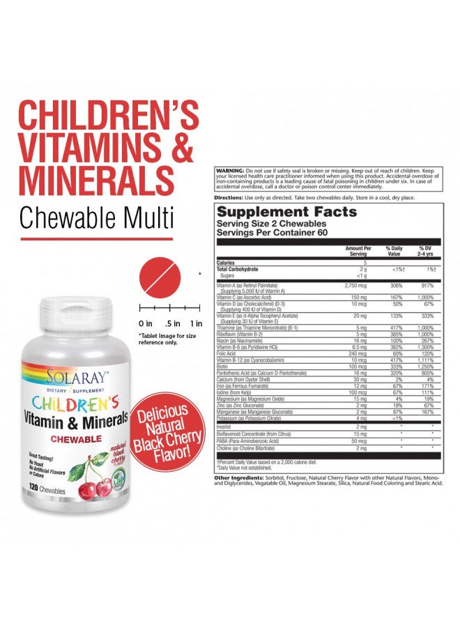 Solaray Childrens Vitamins & Minerals Complete Multivitamin for Kids Great Black Cherry Flavor (076280047974) (120 Chews, 60 Serv)