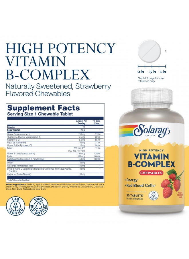 SOLARAY Vitamin B-Complex Chewables, Strawberry, Healthy Energy, Red Blood Cell, Stress & Metabolism Support, 50 Tablets