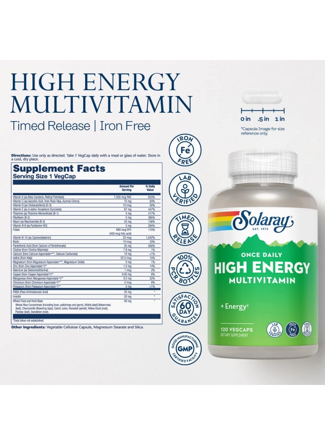 SOLARAY High Energy Multivitamin, No Iron, 1/Day, Timed-Release Formula, Whole Food & Herb Base 120 VegCaps