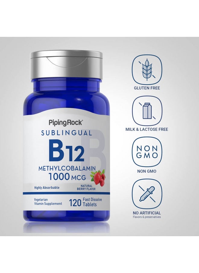 Piping Rock Vitamin B-12 Sublingual 1000 mcg | 120 Tablets | Methylcobalamin | Berry Flavor | Non-GMO, Gluten Free Supplement