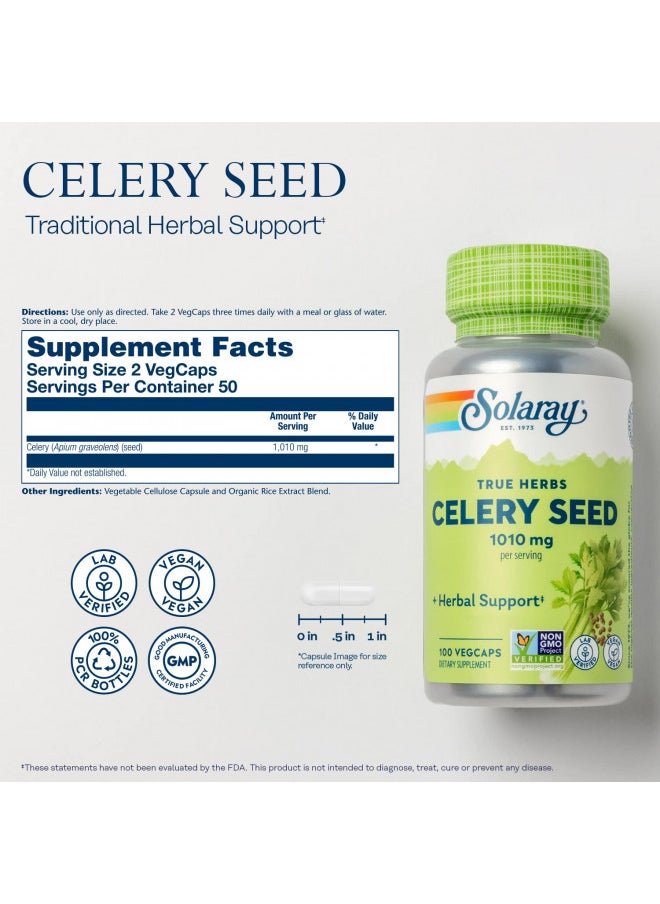 Solaray Celery Seed 1010 mg, Traditional Liver, Water Balance, and Joint Support, Whole Celery Seeds with Phytochemicals and Flavonoids, Vegan, Lab Verified, 60-Day Money-Back Guarantee, 50 Servings, 100 VegCaps