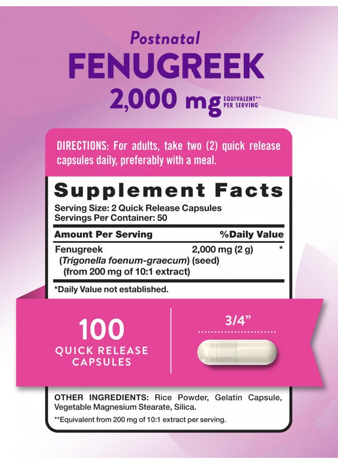 Nature's Truth Fenugreek Seed Capsules for Women | 2000mg | 100 Powder Capsules | Non-GMO and Gluten Free Supplement