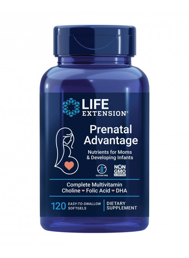 Life Extension Prenatal Advantage Supplement Comprehensive Prenatal Vitamin for Pregnant Women - Complete Multivitamin for Healthy Brain with DHA - Non-GMO, Gluten-Free -120 Softgels