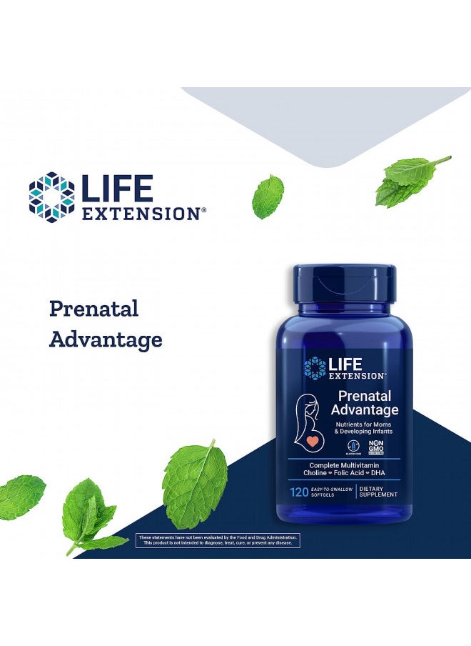 Life Extension Prenatal Advantage Supplement Comprehensive Prenatal Vitamin for Pregnant Women - Complete Multivitamin for Healthy Brain with DHA - Non-GMO, Gluten-Free -120 Softgels