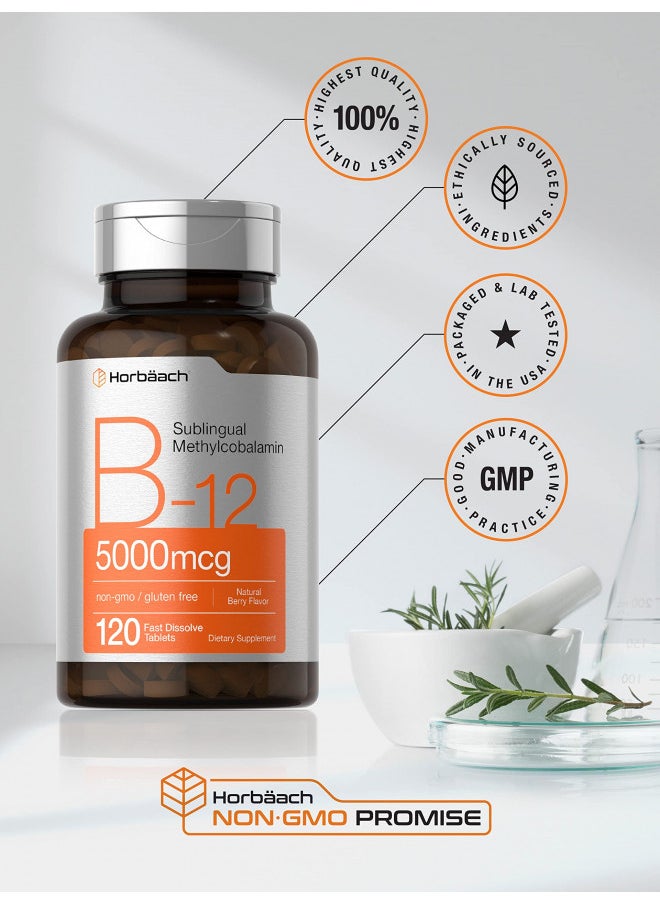 B12 Sublingual Methylcobalamin | 5000mcg | 120 Fast Dissolve Tablets | Vegetarian, Non-GMO and Gluten Free Supplement | by Horbaach