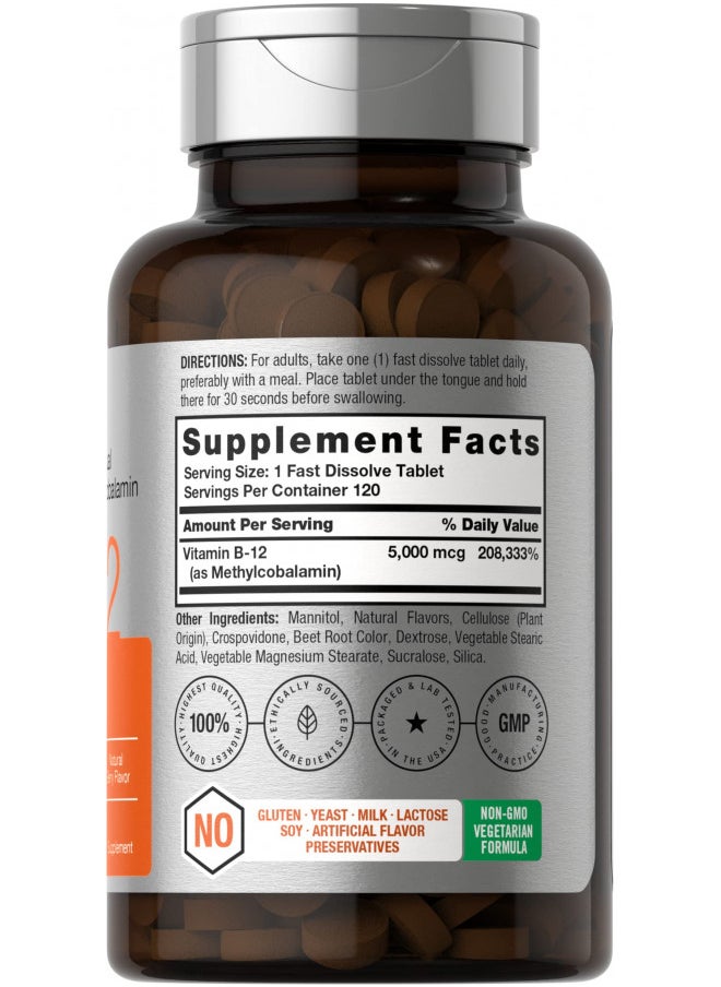 B12 Sublingual Methylcobalamin | 5000mcg | 120 Fast Dissolve Tablets | Vegetarian, Non-GMO and Gluten Free Supplement | by Horbaach