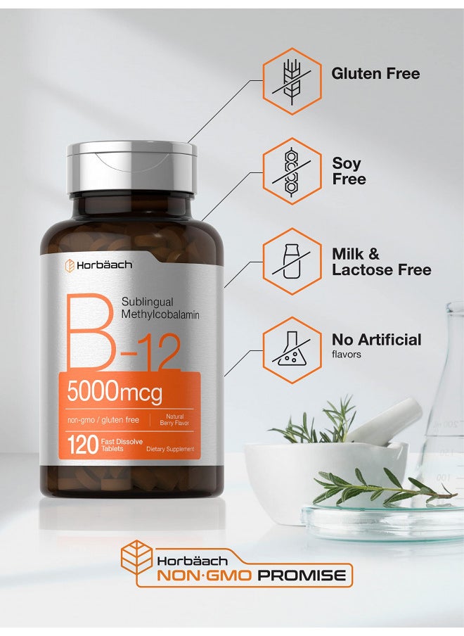 B12 Sublingual Methylcobalamin | 5000mcg | 120 Fast Dissolve Tablets | Vegetarian, Non-GMO and Gluten Free Supplement | by Horbaach